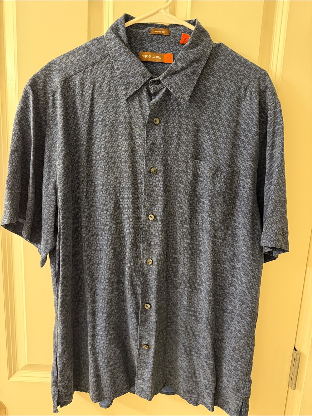 Nyne Men's Short-Sleeve Silk Button-Down Shirt in Navy Geo Print